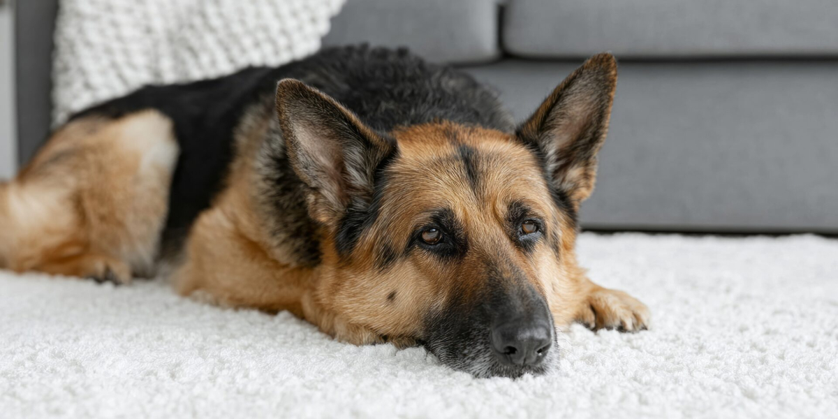 German Shepherd resting on a rug in a foster home